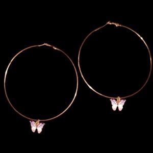 Oversized Gold Pink Butterfly Charm Hoop Earrings XL Big KATTA Hoops Butterflies
